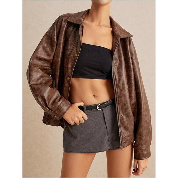 Women's Y2K Faux PU Leather Jacket Brown Vintage Shacket Button Jacket  zip up - Picture 4 of 8